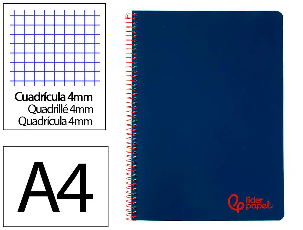 CUADERNO ESPIRAL LIDERPAPEL A4 WONDER TAPA PLASTICO 80H 90GR CUADRO 4MM CON MARGEN COLOR AZUL MARINO
