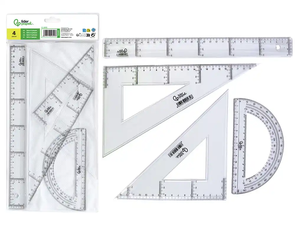 [4349] JUEGO ESCUADRA Y CARTABON 25CM REGLA 30CM Y SEMICIRCULO 15CM LIDERPAPEL EN PETACA INCOLORA