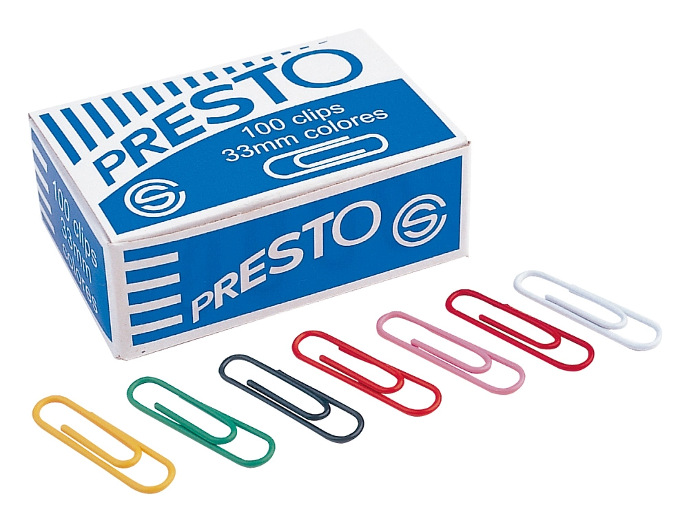 [16494] CLIPS COLORES PRESTO CAJA DE 100 UNIDADES COLORES SURTIDOS