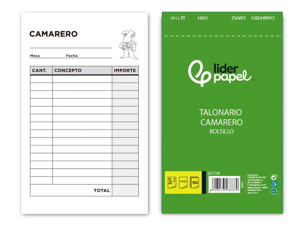 TALONARIO LIDERPAPEL CAMARERO BOLSILLO ORIGINAL T150