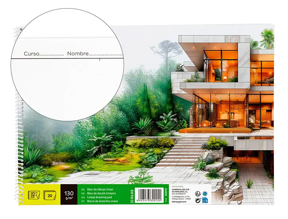 [32015] BLOC DIBUJO LIDERPAPEL LINEAL ARQUITECTURA ESPIRAL 230X325 MM 20 HOJAS 130G/M2 CON RECUADRO PERFORADO