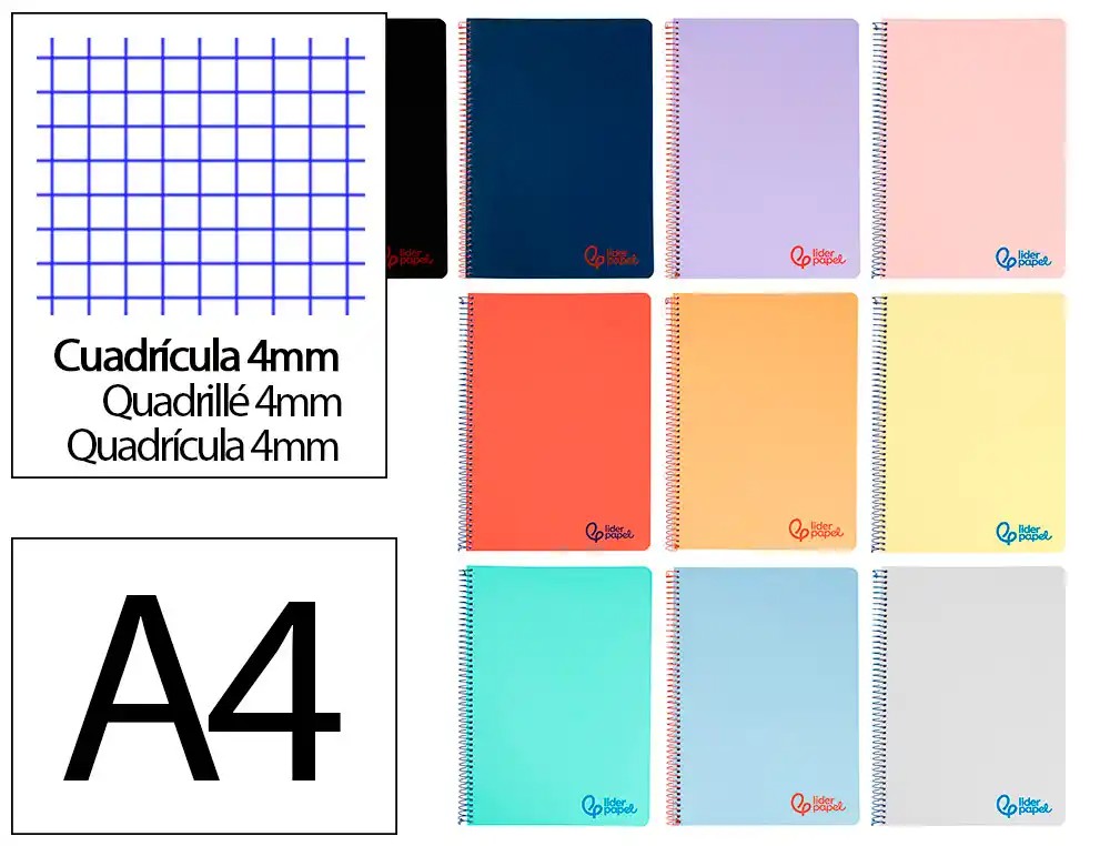 [8931] CUADERNO ESPIRAL LIDERPAPEL A4 WONDER TAPA PLASTICO 80H 90GR CUADRO 4MM CON MARGEN COLORES SURTIDOS