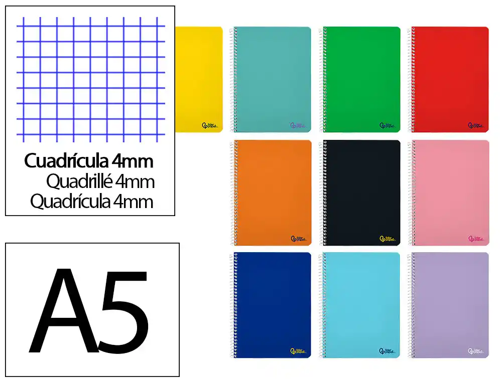[172240] CUADERNO ESPIRAL LIDERPAPEL A5 SMART TAPA BLANDA 80H 75GR CUADRO 4MM CON MARGEN COLORES SURTIDOS