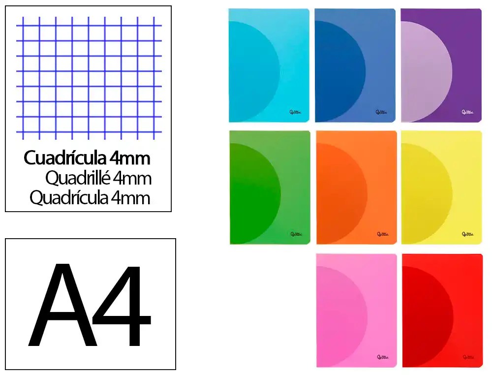 LIBRETA LIDERPAPEL 360 TAPA DE PLASTICO A4 48 HOJAS 90GR CUADRO 4MM CON MARGEN COLORES SURTIDOS